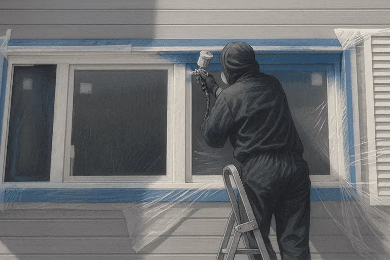 Мужчина красит алюминиевый оконный профиль краскопультом на даче