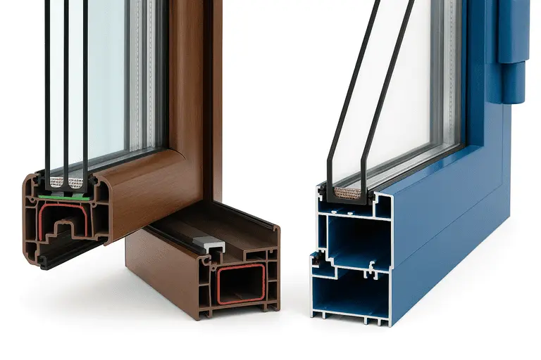 Разрез пластикового и алюминиевого оконного профиля: отличие конструкции, камер и стеклопакета