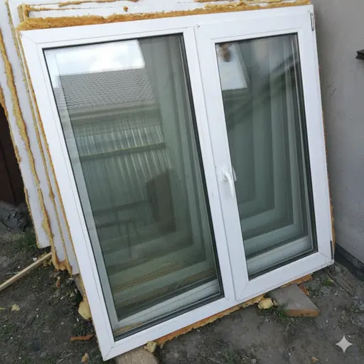 Бывшее в употреблении пластиковое окно с двумя створками, снятое с монтажа и подготовленное к установке