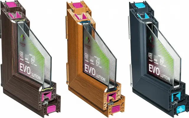 Три образца оконного профиля Melke Evolution разных цветов с видимым стеклопакетом и внутренними камерами