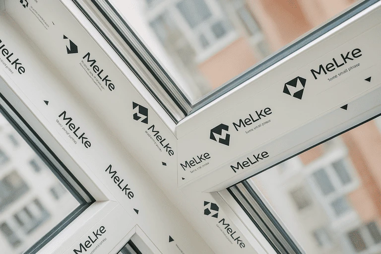 Белый пластиковый профиль Melke с фирменной маркировкой на окне в многоквартирном доме