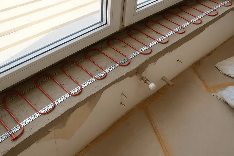 Электрический нагревательный кабель, уложенный под подоконником перед установкой подоконной плиты