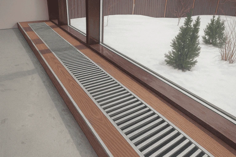 Готовая система тёплого подоконника с конвектором и декоративной решёткой у большого окна в частном доме в Москве