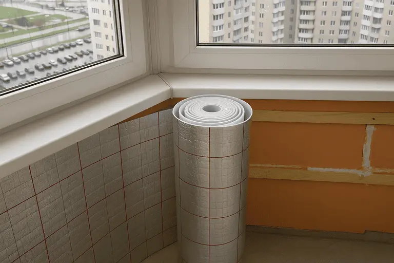 Рулон фольгированного утеплителя, уложенный вдоль стены при утеплении застеклённой лоджии в Москве