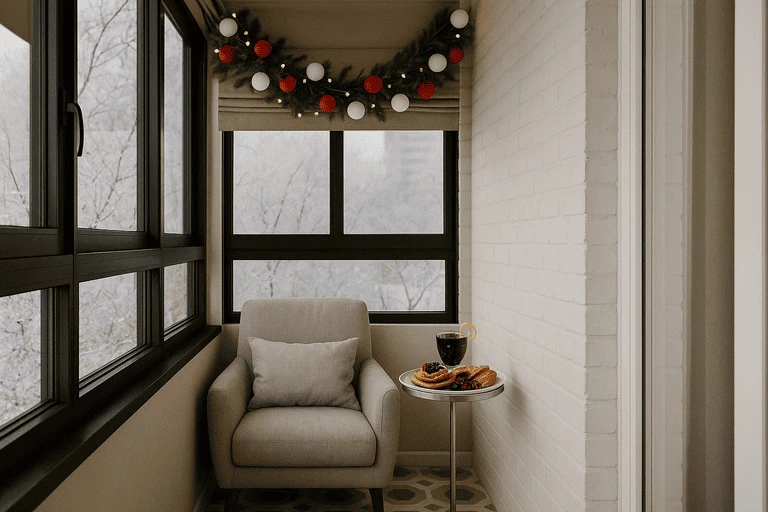 Уютная утеплённая лоджия с мягким креслом, праздничной гирляндой и столиком с напитком на фоне зимнего пейзажа за окном