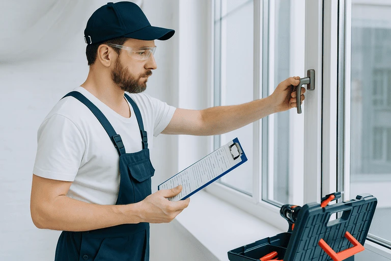 Специалист по обслуживанию проверяет пластиковое окно с помощью инструментов и листа осмотра