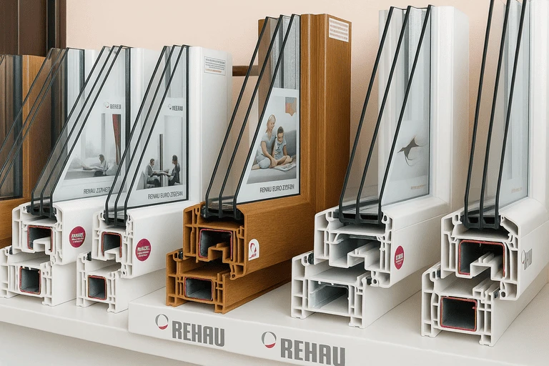 ПВХ-профили REHAU разных серий на витрине — образцы пластиковых окон с различной конфигурацией камер и стеклопакетов