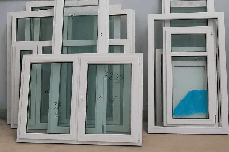 Белые пластиковые окна из ПВХ-профиля, которые стоят в цеху после сборки