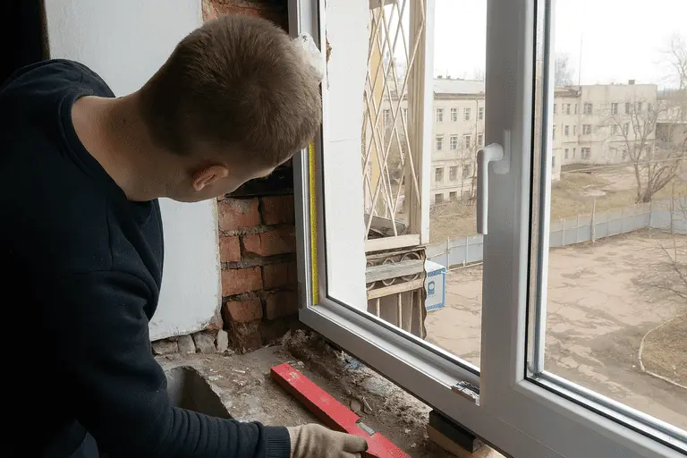 Монтажник проверяет вертикальность установленного пластикового окна с помощью уровня во время монтажа в жилом доме