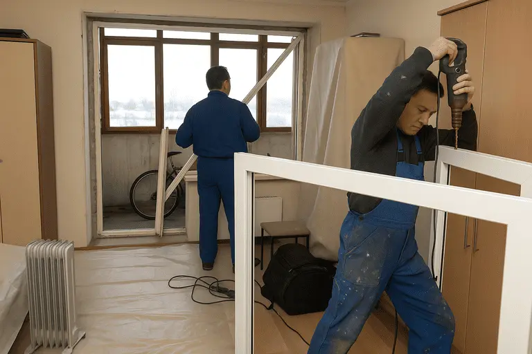 Два монтажника устанавливают пластиковые окна в жилой квартире, заменяя старую конструкцию на новую