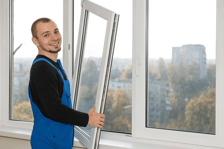 Мастер в спецодежде устанавливает створку пластикового окна после монтажа, проверяет работу фурнитуры