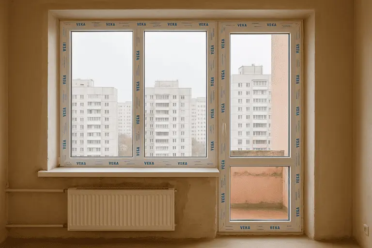 Пластиковые окна во время ремонта, без откосов и подоконника, вид на балкон