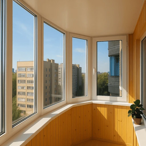 Панорамное фото застеклённого балкона с пятикамерными пластиковыми окнами из ПВХ, отделкой из дерева, дневным освещением и видом на город.