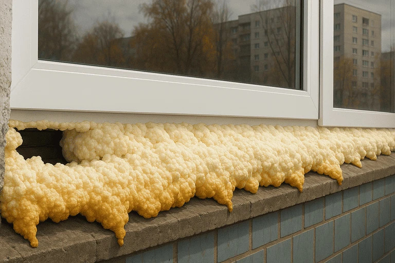 Монтажная пена заполняет зазор под белой рамой пластикового окна на фасаде дома в Подмосковье