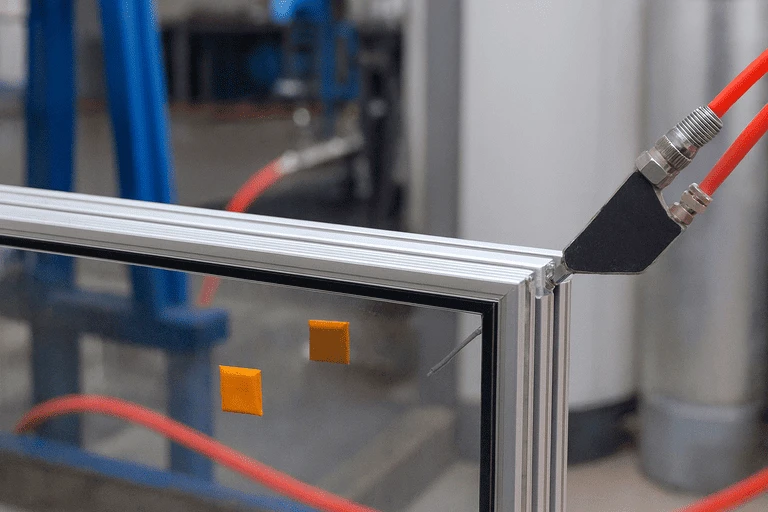 Процесс заполнения стеклопакета аргоном через специальное сопло на алюминиевой раме, производство энергоэффективных окон в Москве