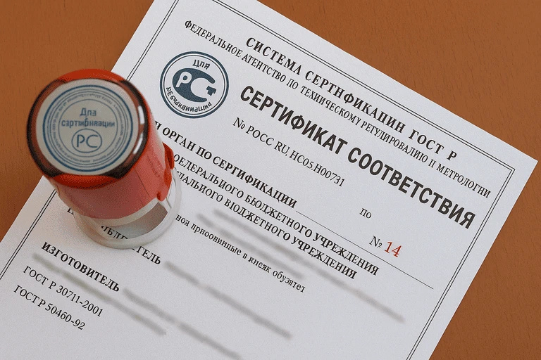 Сертификат соответствия ГОСТ  крупным планом с круглой печатью органа по сертификации на алюминиевый профиль