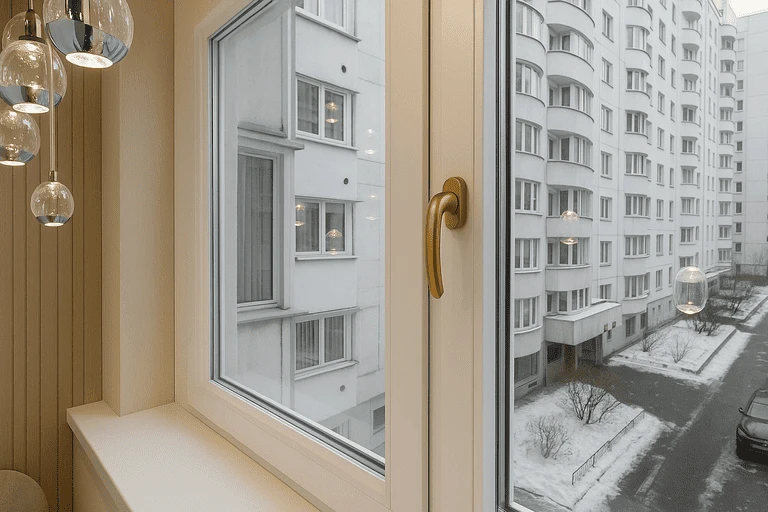 Пластиковое окно с золотистой ручкой, установленное в квартире в Москве. За окном — зимний вид на двор и жилые дома.