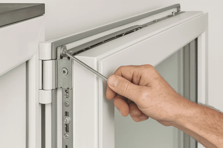 Мастер регулирует пластиковое окно с помощью шестигранного ключа, подкручивая петлю створки, чтобы устранить провисание