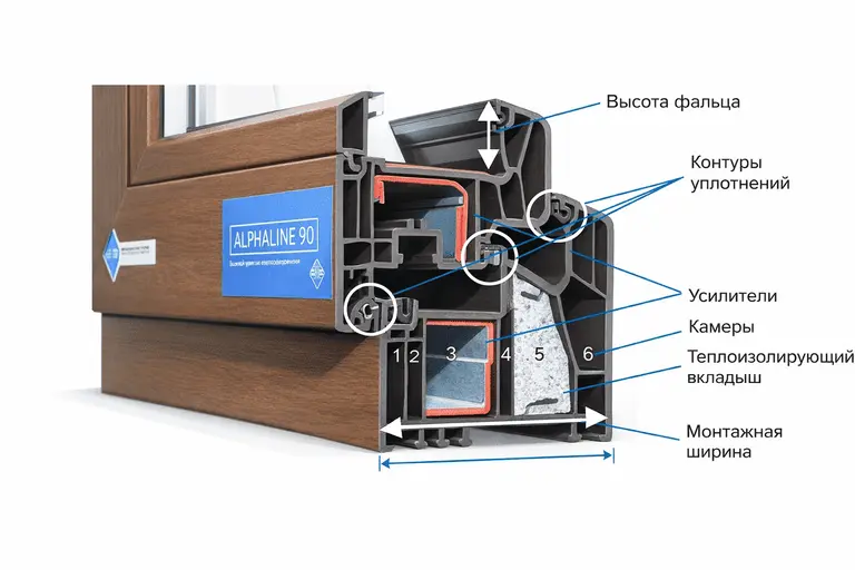 Сечение ПВХ-профиля с указанием камер, армирования, уплотнителей, высоты фальца и монтажной ширины