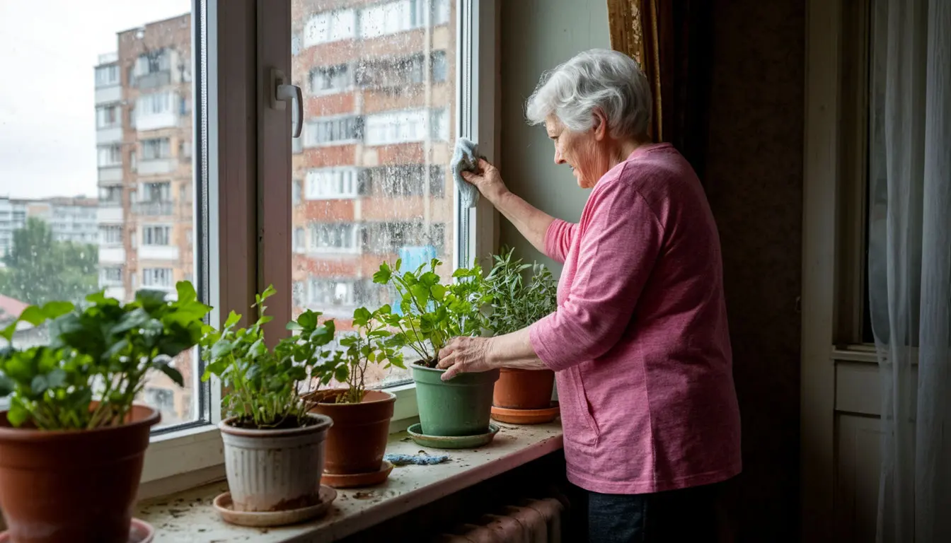 Пожилая женщина моет окно в комнате, на подоконнике стоят горшки с растениями