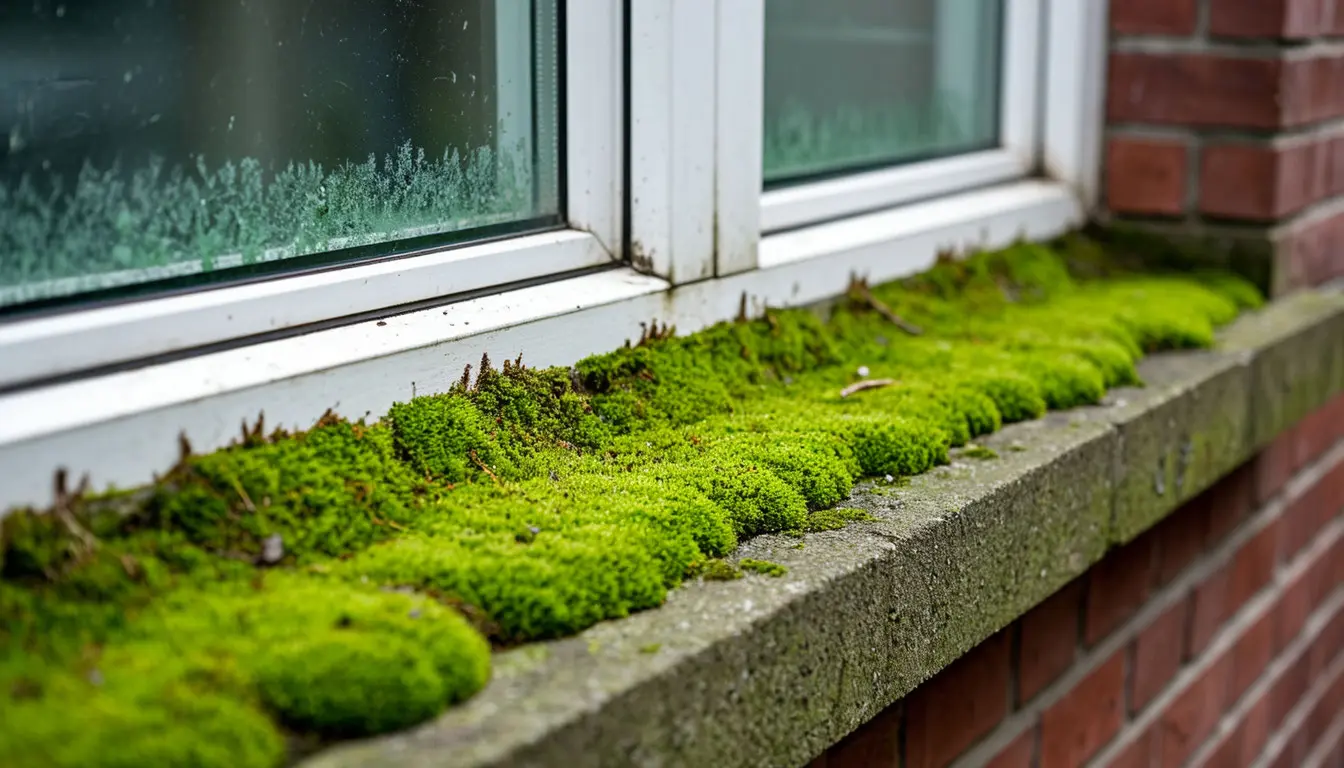 Зелёный мох на наружном подоконнике пластикового окна, следы влаги