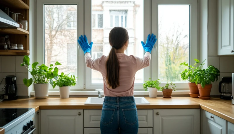 Девушка в голубых перчатках моет пластиковое окно на кухне, на подоконнике стоят зелёные растения