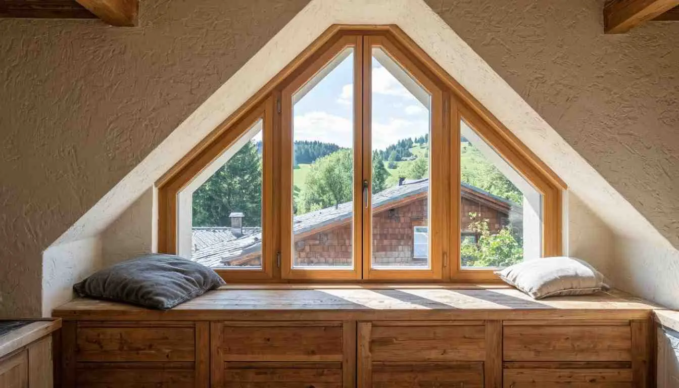 Большое деревянное мансардное окно с видом на горы, треугольная верхняя часть