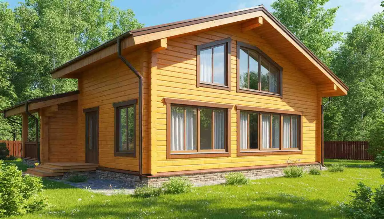 Загородный дом из бруса с панорамными окнами, зелёный двор, солнечный день