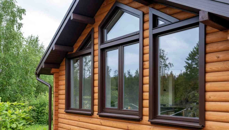 Фасад деревянного дома с тёмными окнами, включая треугольные и прямоугольные створки